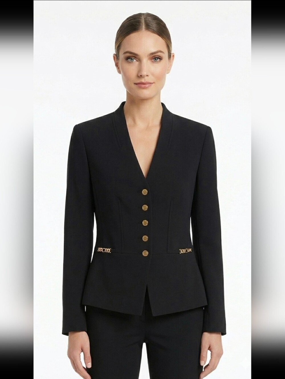 Tahari ASL Black Structured V-Neck Blazer with Gold Buttons Size